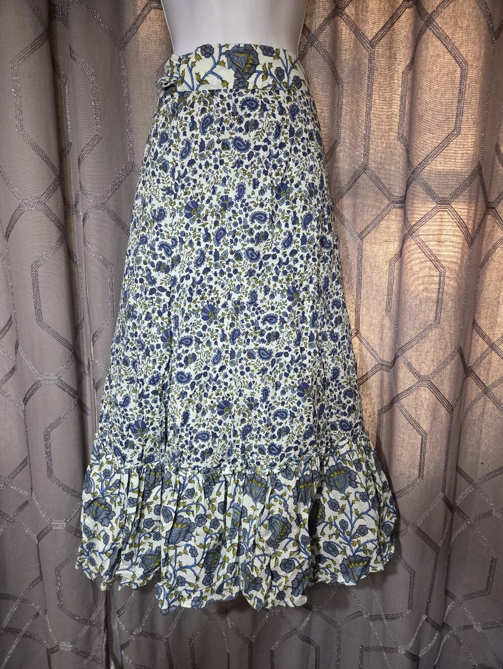 Sundance Cream Blue Floral Paisley Maxi Wrap Skirt 6